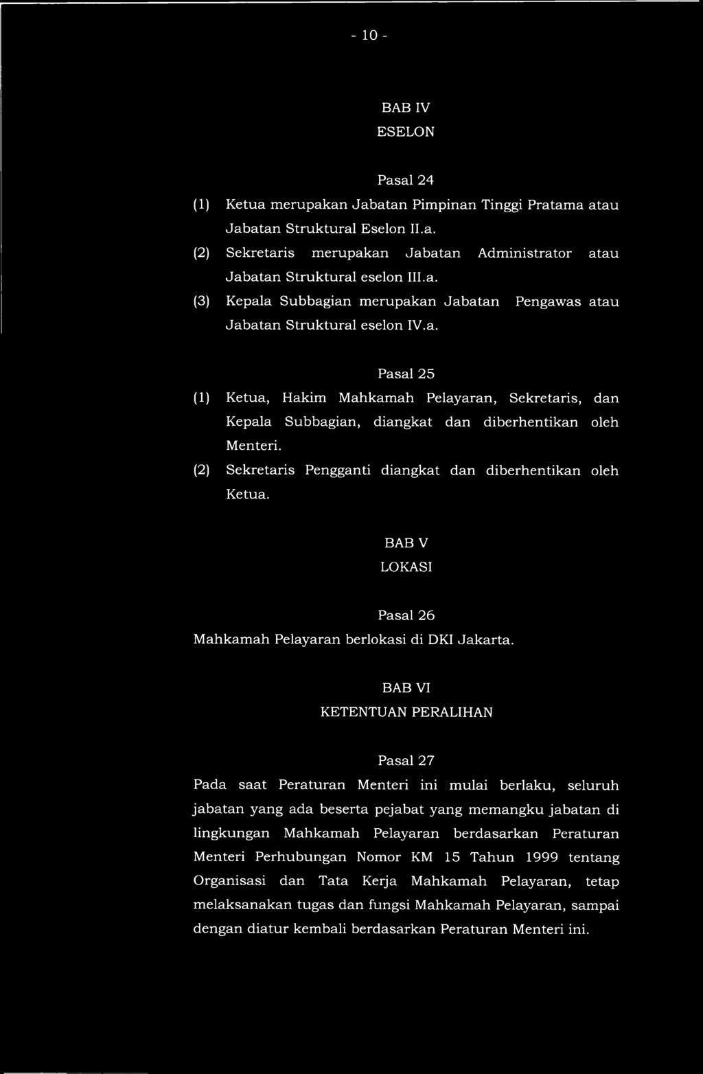 (2) Sekretaris Pengganti diangkat dan diberhentikan oleh Ketua. BAB V LOKASI Pasal 26 Mahkamah Pelayaran berlokasi di DKI Jakarta.
