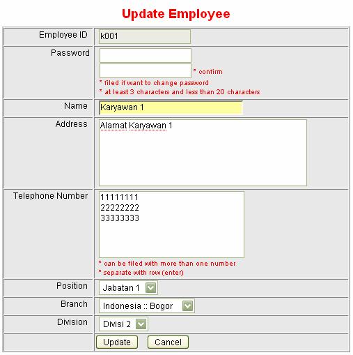 291 Tampilan Update Karyawan, jika mau submit klik update
