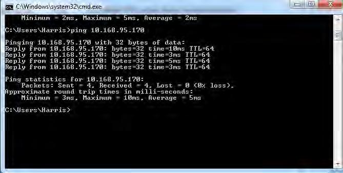 42 b. Test PING IP server Test PING IP server dengan menggunakan Command Prompt bertujuan untuk