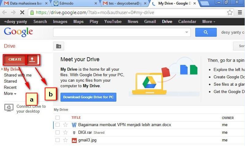 4. Menggunakan Layanan Google Drive Google Drive merupakan layanan berbagi file yang dimiliki oleh Google, dengan membuat akun gmail, Anda telah dapat mengakses fitur Google Drive.