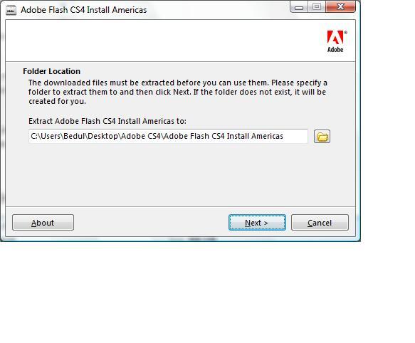 120 4.3.3.4 Langkah langkah instalasi Adobe Flash CS4 1. Halaman awal instalasi adalah halaman destinasion folder dimana user dapat memilih lokasi untuk Adobe Flash CS4. Klik next untuk melanjutkan.