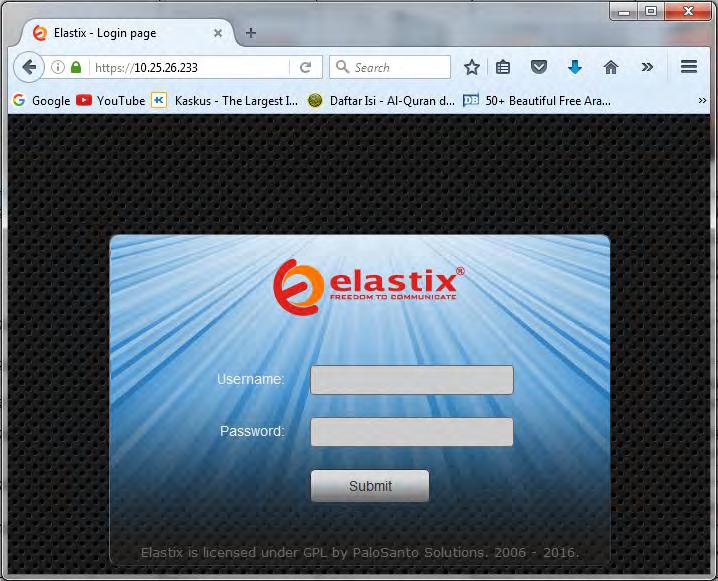 46 k. Kemudian langkah selanjutnya yaitu melakukan konfigurasi melalui web dengan memasukkan ip address dari server Elastix yang telah di buat ke alamat browser. Gambar 5.