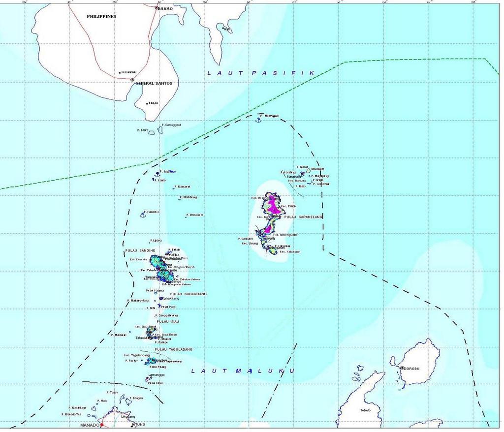 2. LETAK GEOGRAFIS, LUAS WILAYAH, JUMLAH PULAU, DAN PULAU-PULAU TERLUAR Letak geografis : Sebelah Utara : Filipina Sebelah Timur : Samudera Pasifik Sebelah Selatan : Laut Maluku Sebelah Barat : Kab.