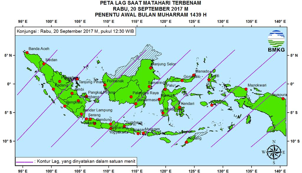Hal ini menunjukkan umur Bulan di kota-kota lainnya di Indonesia adalah di antara kedua nilai tersebut. Gambar 4. Peta Umur Bulan tanggal 20 September 2017 untuk pengamat di Indonesia 5.