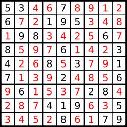 Gambar 1 : Contoh Sudoku[sumber : Hasil penyelesaian kasus sudoku pada gambar 1 ini dapat dilihat pada gambar 2 di bawah ini.