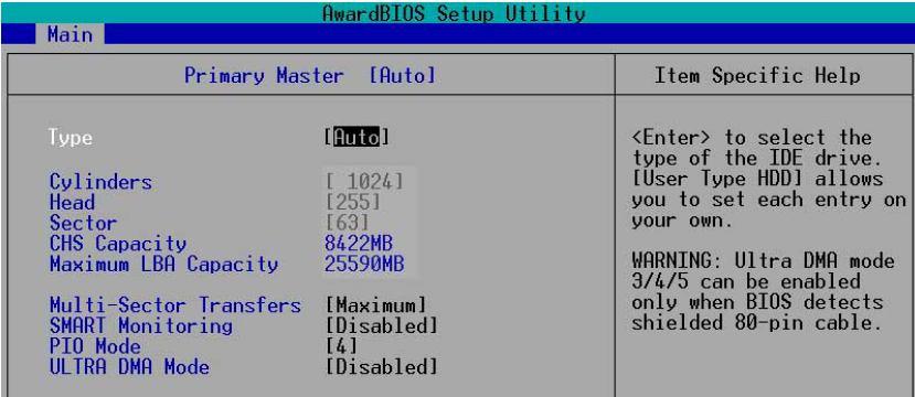 Gambar 31.Pengenalan Hard Disk dan CD-ROM pada BIOS Selanjutnya untuk mengatur hard disk atau CD ROM, masuk ke sub menu letak hard disk atau CD ROM terpasang.