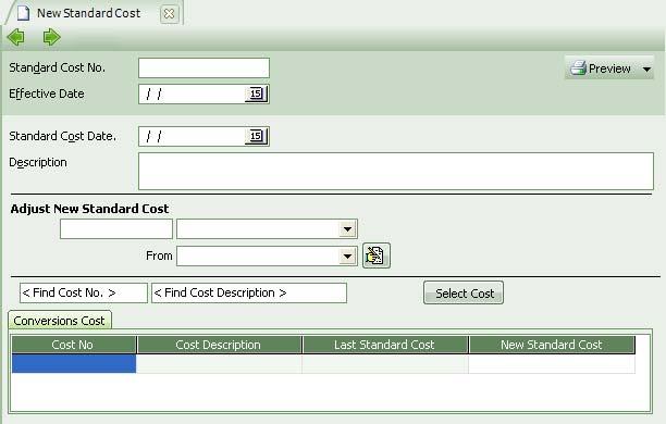 Header Detail a. Bagian Header (Atas) : Gambar 2.11 Standard Conversion Cost Standard Cost No. Diisikan dengan nomor urut Formulir Penyesuaian Biaya Standar Konversi Barang.