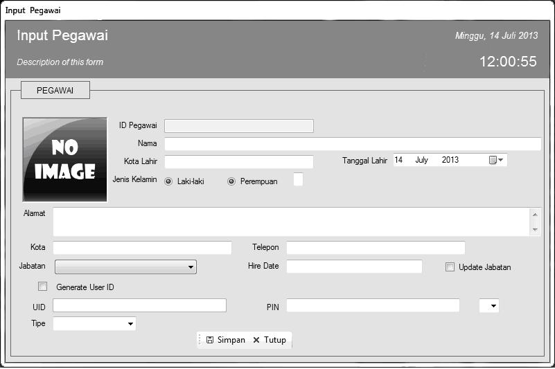 36 2. Rancangan Form Jabatan Gambar 3.10 Rancangan Form Input Karyawan Rancangan input jabatan pada Gambar 3.