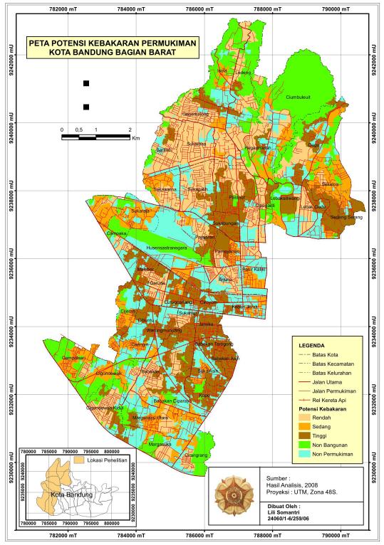 Gambar 1 Peta Potensi Kebakaran Permukiman Jika dilihat per kecamatan, yang memiliki potensi tinggi paling luas, yaitu Coblong (199,2 Ha), Bojongloa Kaler (195,1 Ha), dan Sukajadi (155 Ha).