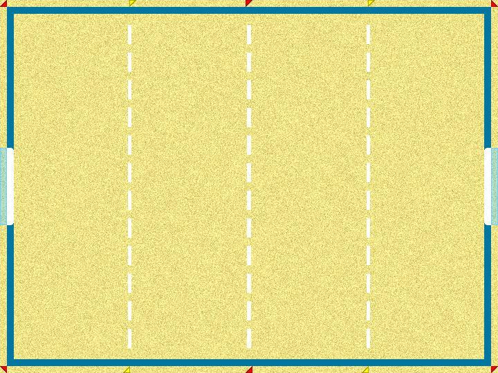 Daerah penalti yang berjarak 9 m dari gawang, dan ditandai dengan bendera kuning yang terletak di tiap sudut lapangan dan dua bendera merah di tepi lapangan sebagai penanda garis tengah lapangan.