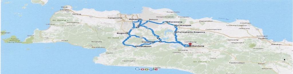 Peta jalur 9 kota di Jawa Barat dibuat graf, dan diberi bobot tiap jalur untuk jarak dalam km pada Gambar 2.a dan biaya BBM Premium pada Gambar 2.b. (2.a) (2.b) Gambar (2.