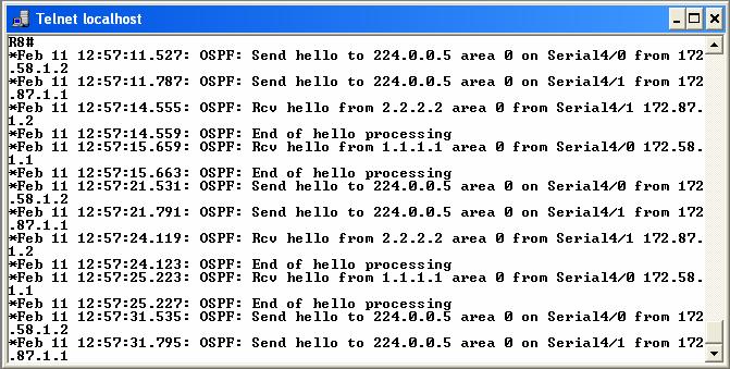 Gambar 4.65 Debug OSPF event di router lantai 8 Gambar di atas memperlihatkan debug dari OSPF event. Router lantai 7 Gambar 4.