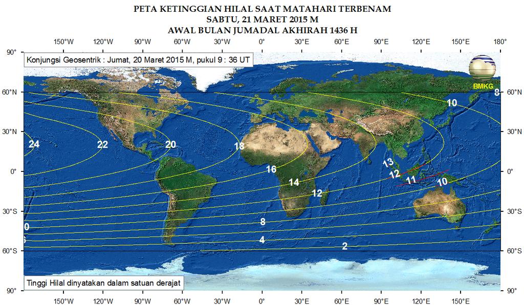 3. Peta Ketinggian Hilal Gambar 1. Peta ketinggian Hilal tanggal 20 Maret 2015 untuk pengamat antara 60 o LU s.d. 60 o LS Gambar 2.