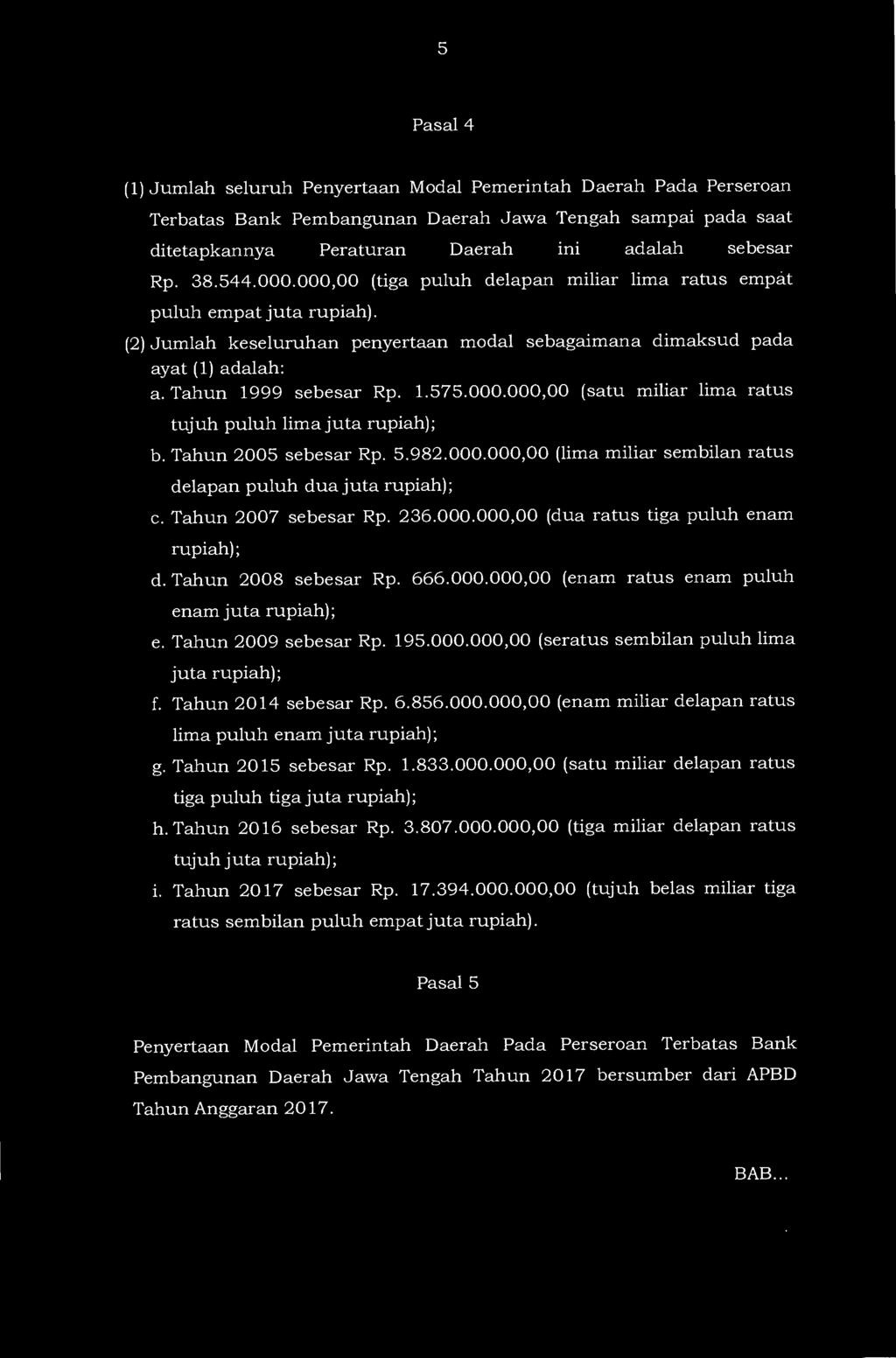 5 Pasal 4 (1) Jumlah seluruh Penyertaan Modal Pemerintah Daerah Pada Perseroan Terbatas Bank Pembangunan Daerah Jawa Tengah sampai pada saat ditetapkannya Peraturan Daerah ini adalah sebesar Rp. 38.