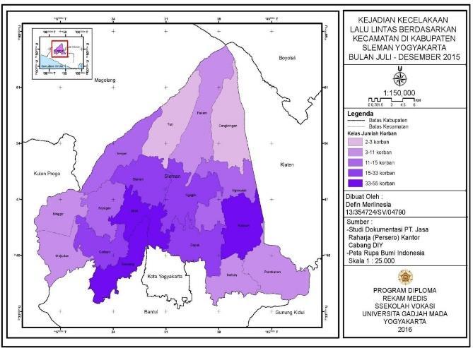 Peta Kejadian Kecelakaan Lalu Lintas Berdasarkan Kecamatan di Kabupaten Sleman Yogyakarta Bulan Juli-Desember 2015 Tanggapan petugas adanya pemetaan KLL dari segi ketertarikan dan kegunaan yaitu