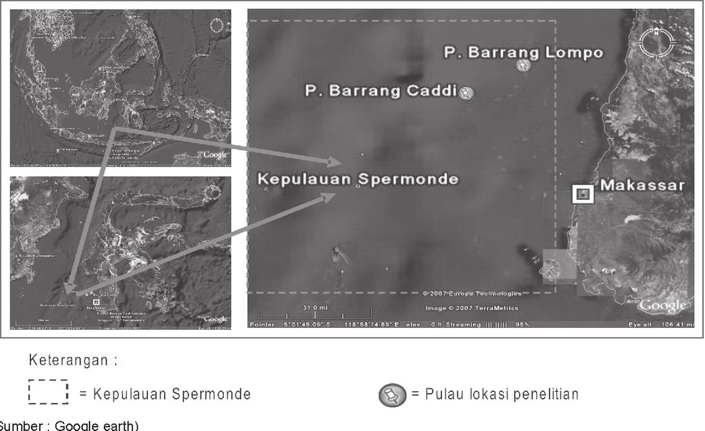 3 (Sumber : Google earth) (Source : Google earth) Gambar 1. Lokasi Riset di Kepulauan Spermonde Provinsi Sulawesi Selatan (Sumber : Google earth) Figure1.