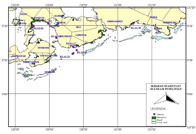 Gambar 3. Lokasi penelitian pada stasiun transek permanen di Kecamatan Waigeo Selatan dan Waigeo Timur. B. WAKTU PENELITIAN 2006. Kegiatan penelitian lapangan berlangsung pada Juli C.