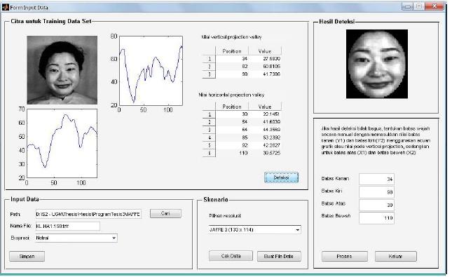 proses pengenalan ditunjukkan pada Gambar 6. Tahap selanjutnya adalah perancangan antarmuka. Rancangan sistem pengenalan ekspresi wajah diimplementasikan dengan menggunakan MATLAB 7.8.0 (R2009a).