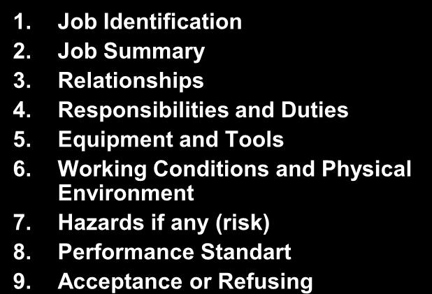 Content of Job Descriptions 1. Job Identification 2. Job Summary 3. Relationships 4. Responsibilities and Duties 5.