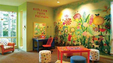 o Dinding Pemilihan material pada dinding harus berdampak pada perkembangan imajinasi dan kreatifitas anak. Pilihlah warna-warna yang sesuai dengan psikologis anak.