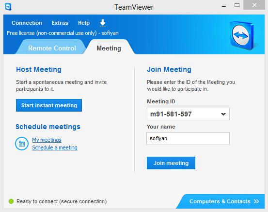 PC host dapat membuat meeting dengan klik start instant meeting pada panel sebelah kiri, atau mengikuti meeting yang sudah ada dengan memasukkan meeting