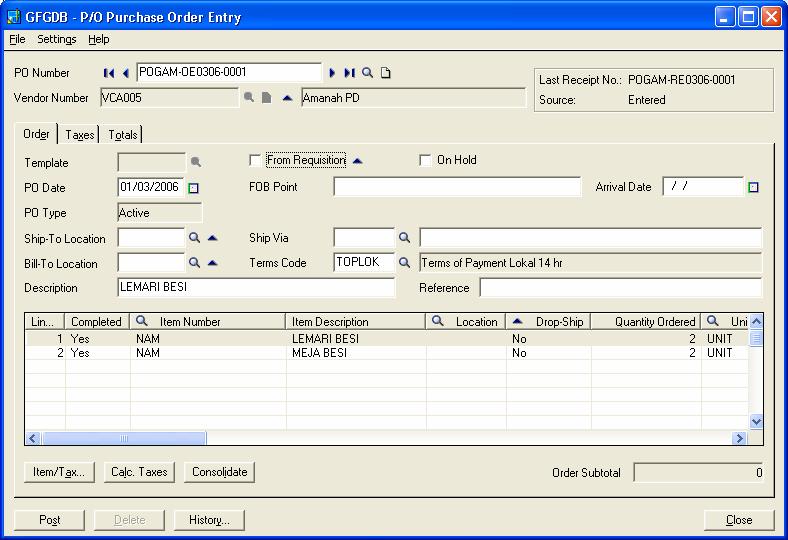 L4 Lampiran 5 Tampilan Input Purchase Order Tampilan input Purchase Order merupakan menu input yang pertama kali diakses ketika akan melakukan input data dalam Sistem Informasi Aktiva Tetap.