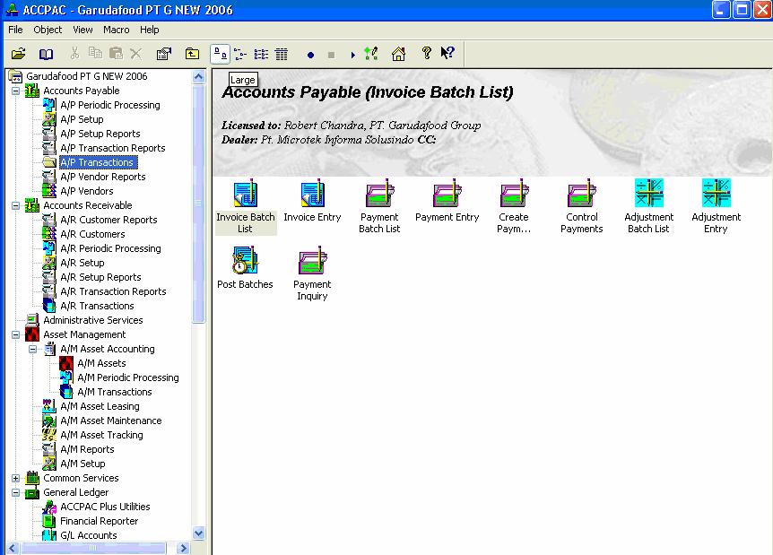 L7 Lampiran 8 Tampilan Menu Account Payable Menu Account Payable (A/P) adalah menu lain dalam Sistem Informasi Aktiva Tetap pada aplikasi ACCPAC PT.TRMS.