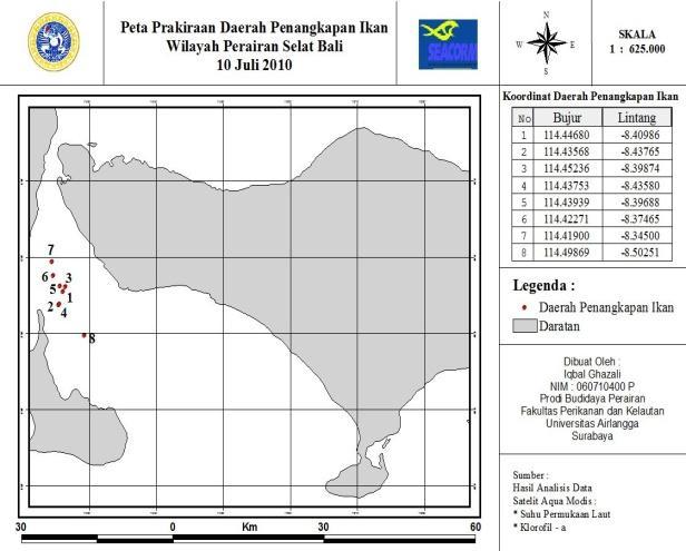 Pada tanggal 10 12 Juli (Gambar 2.), titik area fishing ground menyempit ke perairan Selat Bali kecil pada koordinat 114.38565 BT 114.