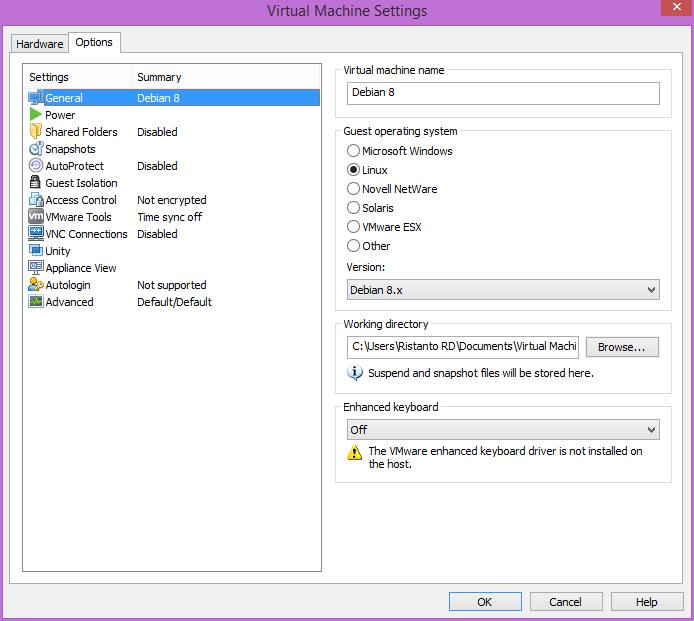 b) Options Tab menu options digunakan untuk mengatur nama, tipe, dan direktori tempat penyimpanan virtual machine pada personal computer. e.