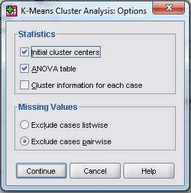 Di dalam kotak ini, pada bagian Statistics, aktifkan Initial cluster centers dan Anova table.