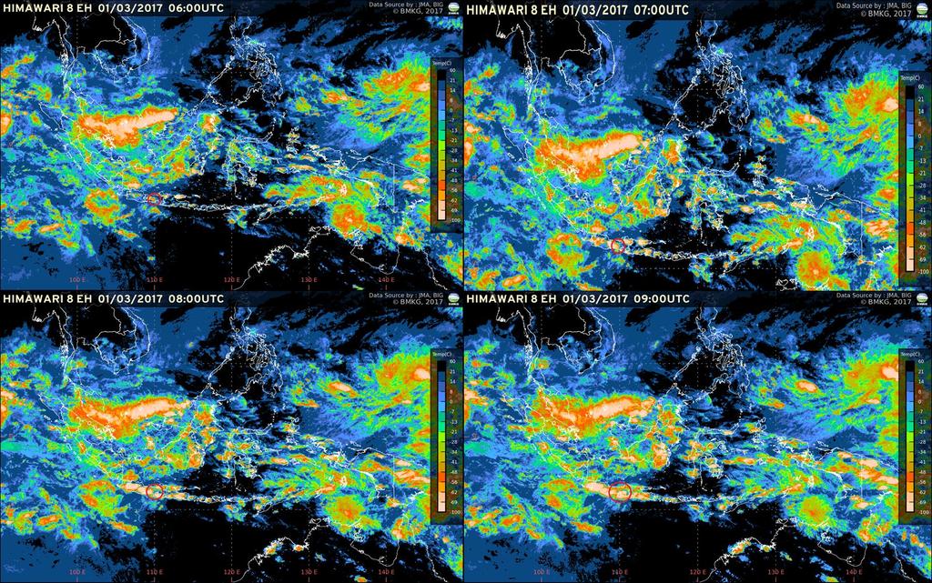 00 WIB) memperlihatkan terdapatnya awan konvektif tebal tepat diatas wilayah Jawa bagian timur.