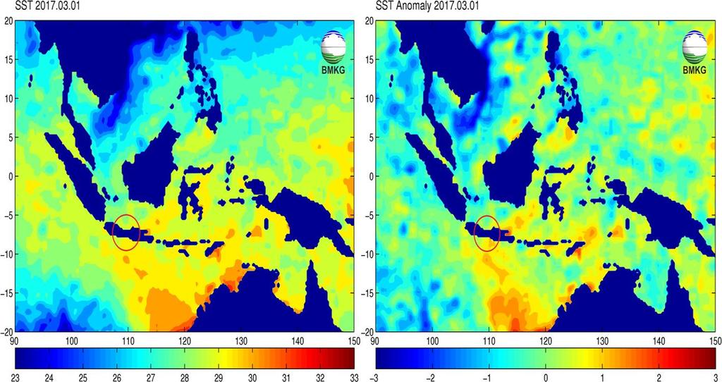 Gambar 4. SST dan anomaly perairan Indonesia tanggal 01 Maret 2017 (Sumber : bmkg.go.id/) B.2 DMI (Dipole Mode Index) Indeks Dipole Mode menunjukkan nilai +0.