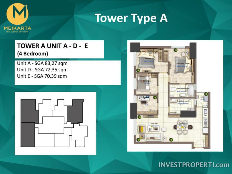 Apartemen 4 BR Tower A Unit B F ( 2 bedroom) Unit B, luas