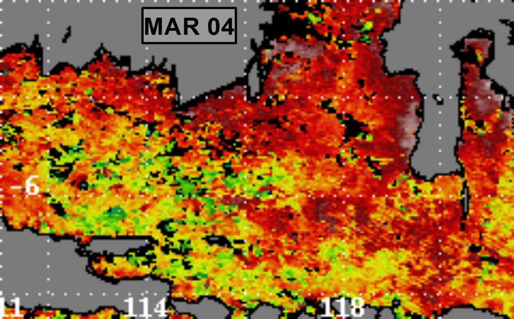 28 Pada musim peralihan I (Maret - April), nilai SPL masih terlihat relatif tinggi dan masih terlihat indikasi pengaruh penutupan awan atau uap air.