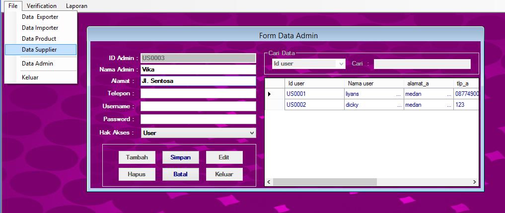 52 Gambar IV.6. Tampilan Form Admin Pada gambar diatas terdapat beberapa textbox yang digunakan untuk mengisi data tentang admin yang nantinya akan tersimpan kedatabase.