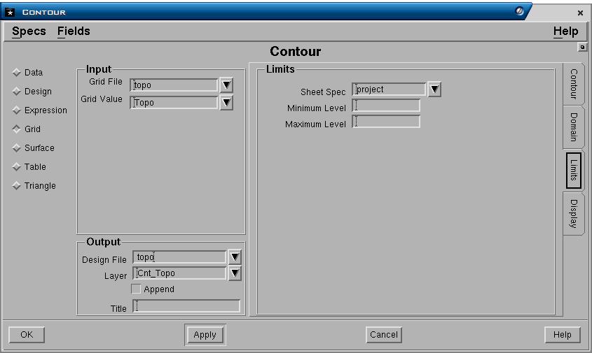 Tab Limits Limits panel Sheet Spec. Nama sheet specification yang digunakan untuk membatasi daerah gambar kontur yang ditampilkan.