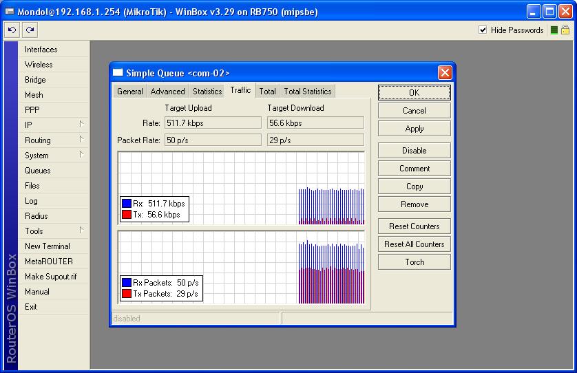 Gambar 4.9 Maksimum upload pada client (PCC) Perlu diingat sebelumnya bahwa upload pada modem1 adalah up to 512 kbps dan pada modem2 adalah up to 256 kbps. Pada gambar 4.