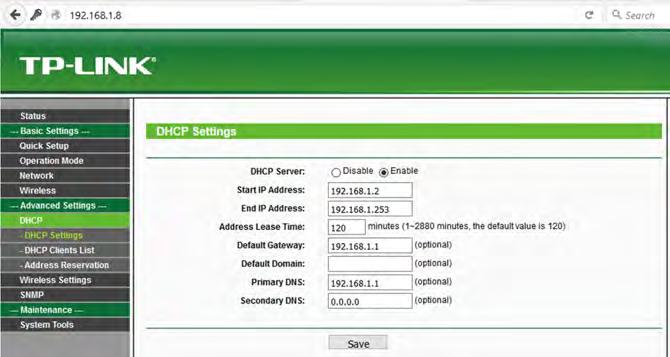 7. Setelah selesai pengaturan menu Wireless, selanjutnya pengaturan DHCP (Dynamic Host Configuration Protocol) dengan memilih sub menu DHCP Settings (lihat gambar 3.19).