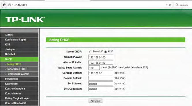 Gambar 3.31 Tampilan sub menu Setting DHCP pada TL-WR740N 6.