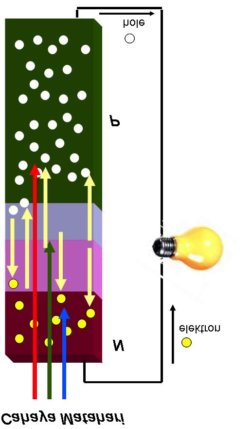 Spektrum merah cahaya matahari yang memiliki panjang gelombang lebih panjang mampu menembus daerah deplesi hingga terserap di semikonduktor p yang menghasilkan proses fotogenerasi pada bagian