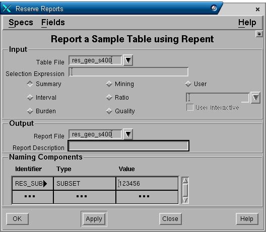 Panel Input Table File. Pilih nama table resources yang ingin dibuat laporannya. Selection Expression. MXL expresion yang dapat dimasukkan untuk memberikan pengecualian pada laporan yang akan dibuat.