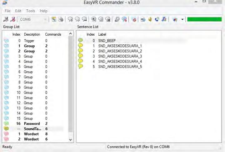 59 1. Pada icon (connect) di software EasyVR Commander, menunjukkan hasil download pada rekaman hello say your password di aplikasi EasyVR Shield. 2.