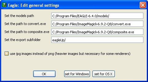 Gambar 11. Tampilan konfigurasi Eagle 3D 6. Seting alamat atau letak file sesuai contoh gambar di atas. Gunakan tanda / bukannya \ untuk pemisah nama directory (folder). Lalu tekan OK.