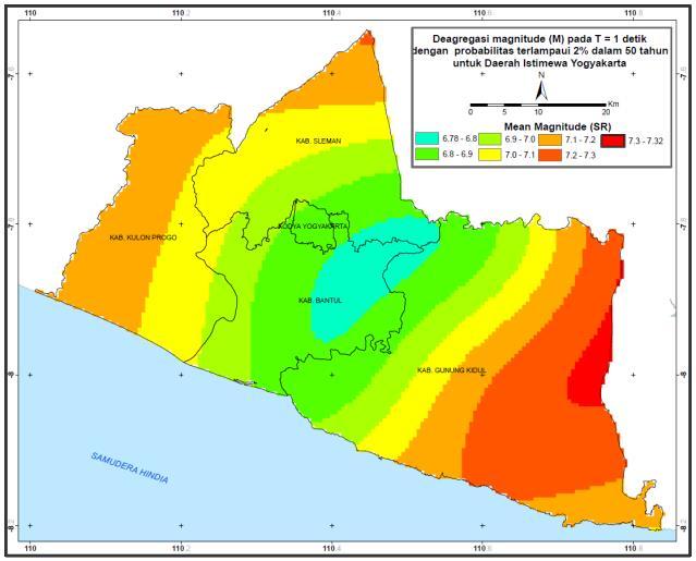 (a) Gambar 9. Peta deagregasi (a) magnitude dan (b) jarak pada periode spektra percepatan 1 detik untuk Daerah Istimewa Yogyakarta (probabilitas terlampaui 2% dalam 50 tahun) (b) 5.