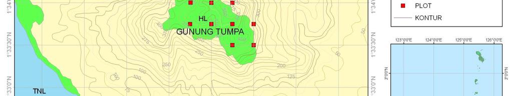 Mencari titik koordinat petak ukur yang diamati (9 petak ukur) dengan menggunakan peta google earth kawasan Gunung Tumpa dengan peletakan titik pertama yang