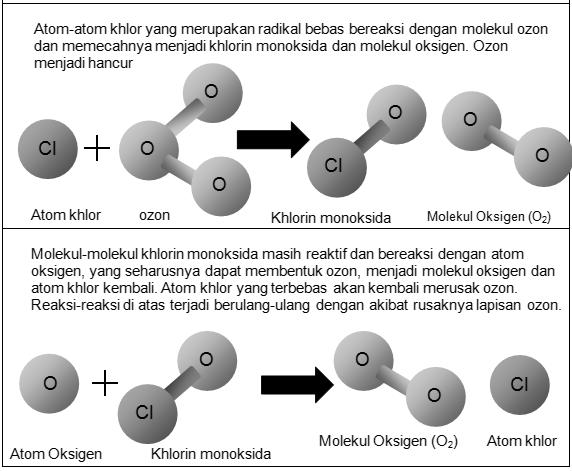 Gambar 3. Reaksi perusakan dan pencegahan pembentukan ozon [2] Indonesia termasuk negara yang meyetujui konvensi-konvensi internasional dalam perlindungan lapisan ozon sejak tahun 1992.