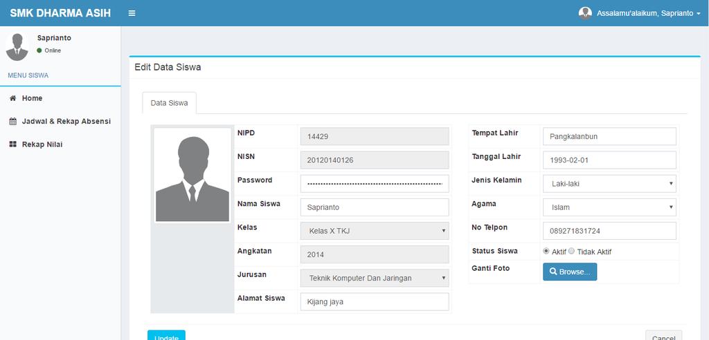 NISN, setelah login siswa dapat merubah password dan data profil, pilih tombol "Edit Profil" berwarna