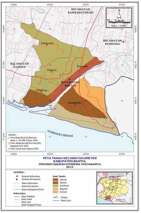 Gambar 3.5 Peta Tanah Kecamatan Kretek Kabupaten Bantul Sumber : Penyusunan Rencana Detail Tata Ruang Kecamatan Kretek 2011-2030 4.