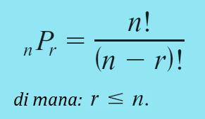 Ada beberapa jenis permutasi: 1. Permutasi Sebagian Bila r < n, maka: Artinya, suatu himpunan yang terdiri atas n anggota dan diambil sebagian sebanyak r<n.
