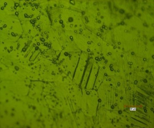 Hasil pengamatan menggunakan mikroskop optik pada permukaan sampel paduan CoCrMo dengan perlakuan panas pada suhu 1250 C selama 2,5